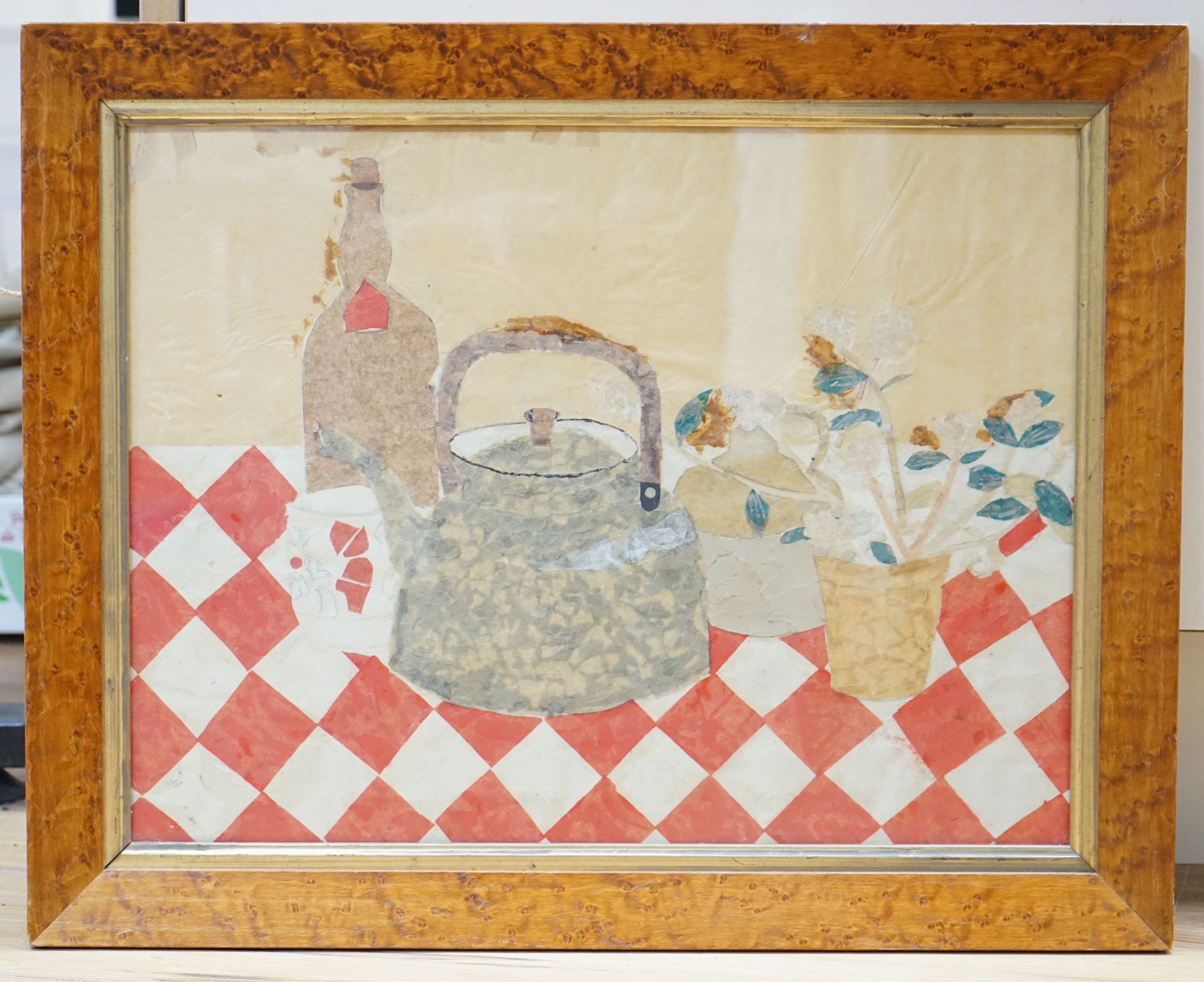 Modern British, collage and watercolour, Table top still life with a kettle, 34 x 44cm